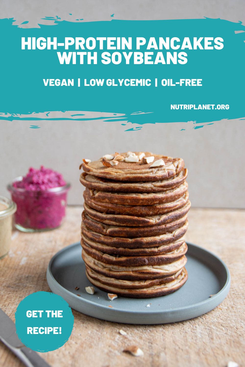 A stack of high-protein pancakes made of buckwheat, spelt, cooked soybeans, dates, oat milk.