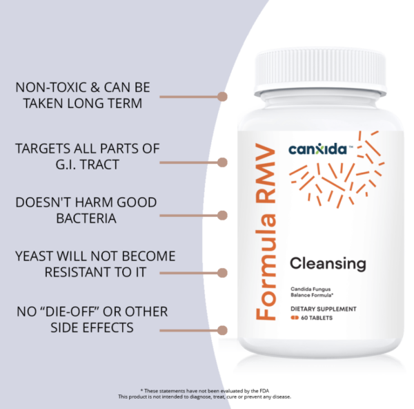 CanXida RMV Cleansing supplement bottle and packaging, designed to target Candida yeast, bad bacteria, and parasites in the GI tract.