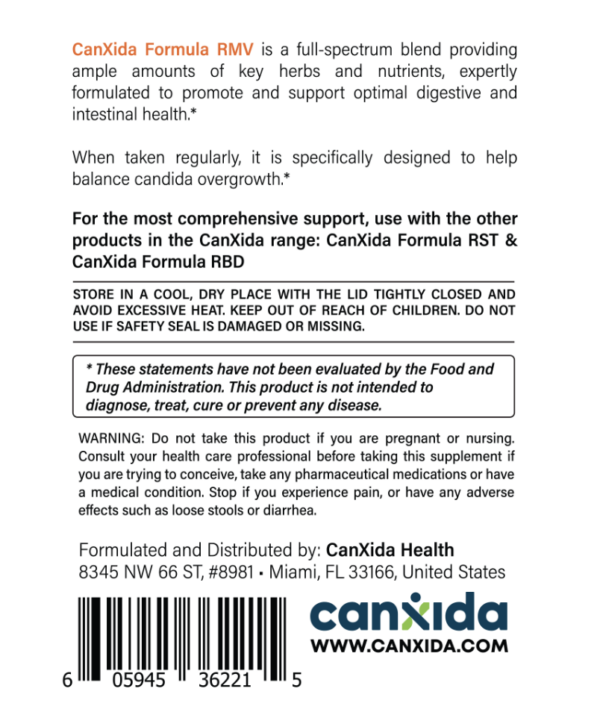 CanXida RMV Cleansing supplement bottle and packaging, designed to target Candida yeast, bad bacteria, and parasites in the GI tract.